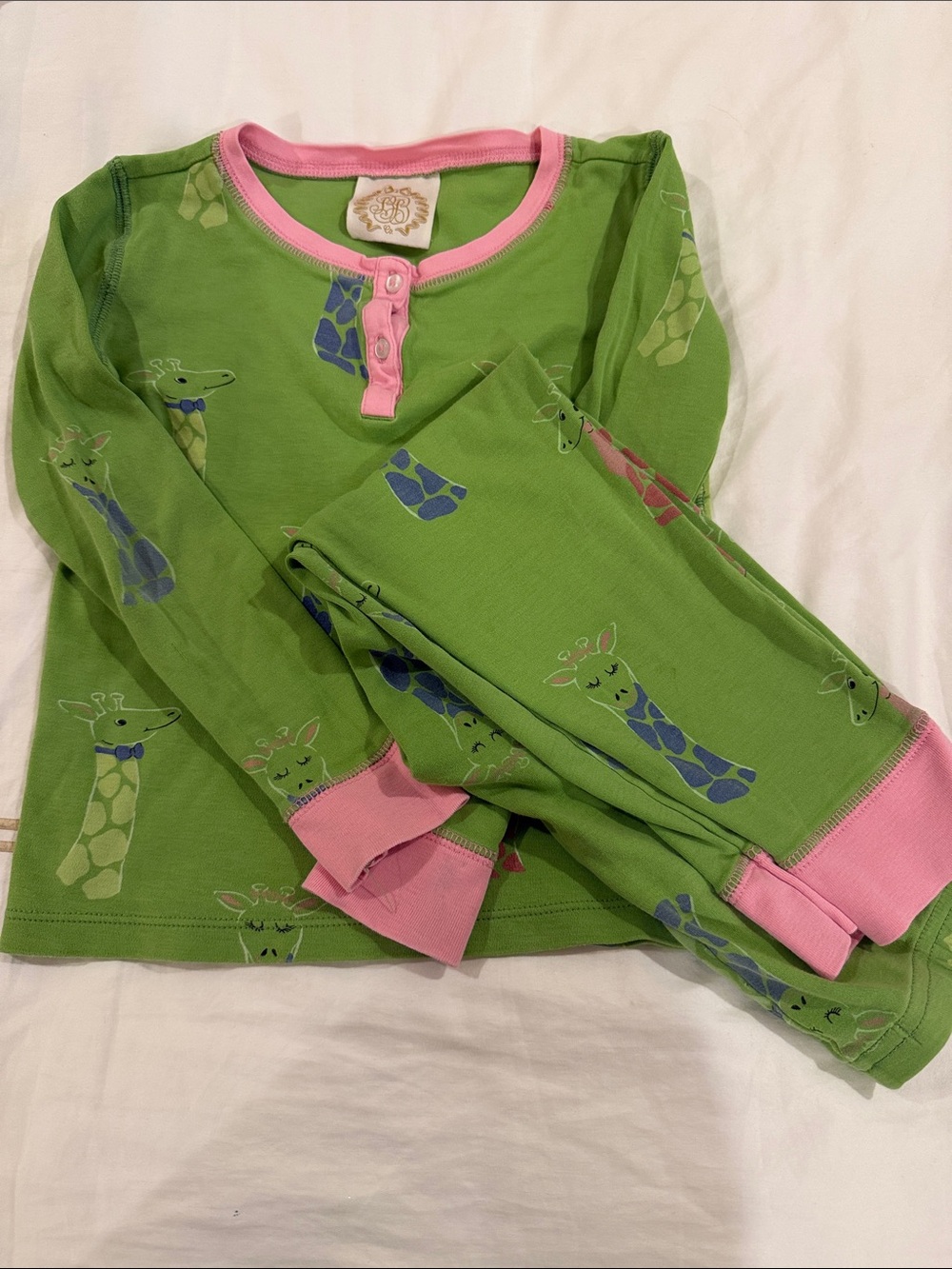 TBBC Green Giraffe Print Pajama Set with Pink Trim